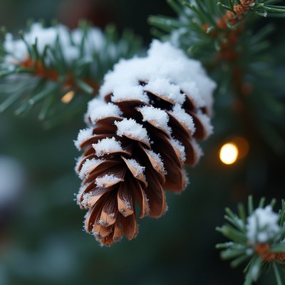 Snow-covered pine cone on a green branch during winter