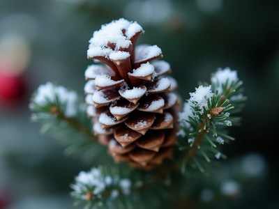 Snowy pine cone resting on evergreen branch during winter