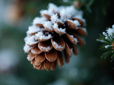 Pine cone covered in snow on a winter day