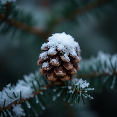 Snow-covered pine cone resting on evergreen branch