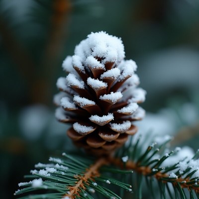 Snow-covered pine cone resting on green pine branches