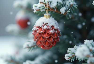 Beautiful red ornament on snow-covered evergreen tree