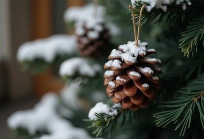Snowy pine cone hanging from a tree in winter