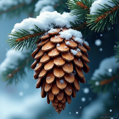 Snow-covered pine cone hanging from a tree branch