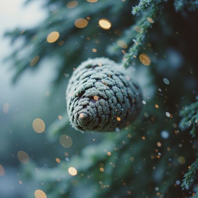 Snow-covered pine cone hanging from a tree branch