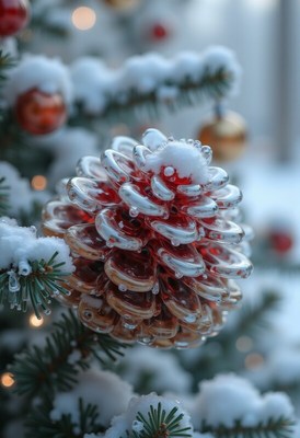 Decorative pinecone ornament on a snowy christmas tree