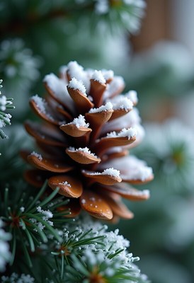 Snow covered pine cone resting on green branches