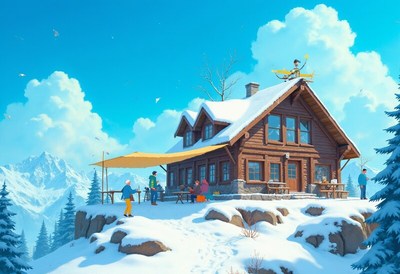 Cozy cabin in winter landscape with cheerful visitors