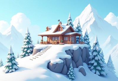 Cozy mountain cabin surrounded by snow-capped trees