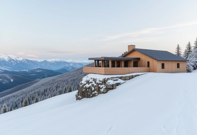 Modern wooden cabin in snowy mountain landscape