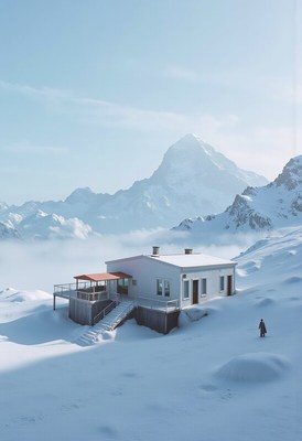 Cozy cabin in snowy mountains during bright winter day