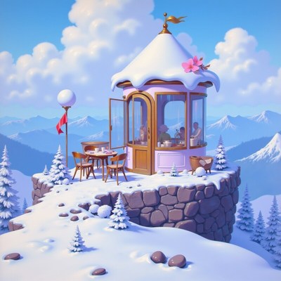 Cozy mountain cafe with snowy views