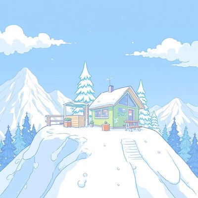 Cozy cabin on snowy mountain landscape during winter