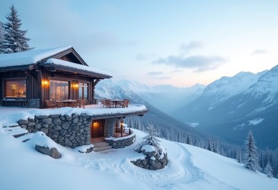 Cozy mountain cabin surrounded by snow at dusk