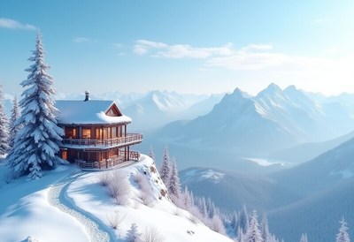 Scenic winter cabin on a snowy mountain landscape