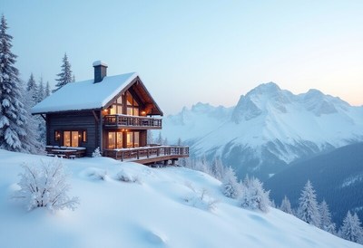 Winter cabin in the mountains at dusk surrounded by snow