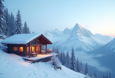 Cozy cabin retreat in snowy mountain landscape