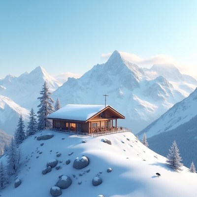 Charming wooden cabin in snow-covered mountain landscape