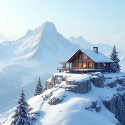 Cozy mountain cabin overlooking snowy landscape near peaks
