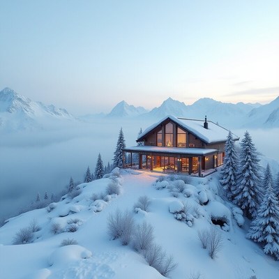 Cozy mountain cabin surrounded by snow and trees at dusk