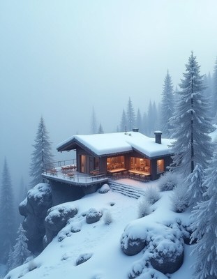 Snowy mountain retreat with cozy atmosphere in winter