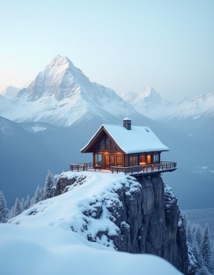 Cozy cabin on a cliff surrounded by snow-covered mountains