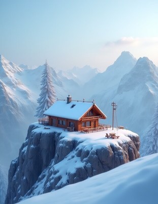 Snow-covered mountain cabin in winter landscape
