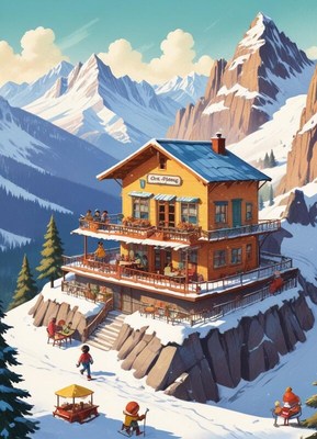 Ski lodge in snowy mountains during winter afternoon