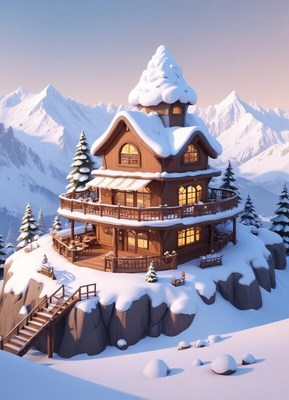 Cozy wooden cabin surrounded by snowy mountains