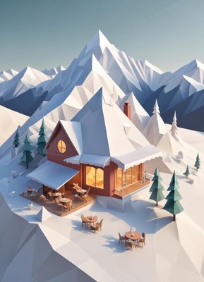 Cozy mountain cabin surrounded by snow and trees
