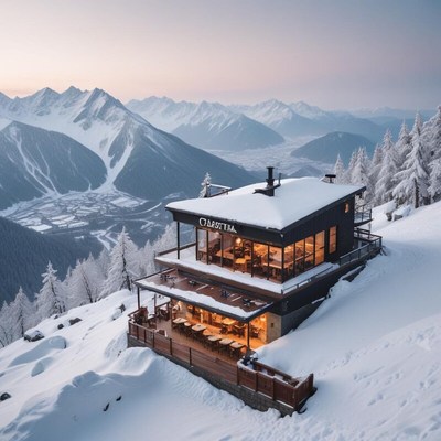 Mountain lodge with snow-covered landscape at sunset