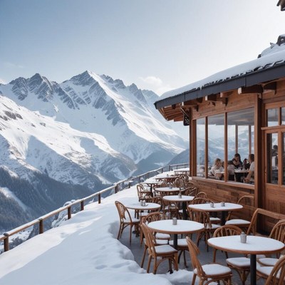 Enjoying winter views from a mountain cafÃ© in the alps
