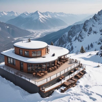 Mountain cafe surrounded by snowy peaks in winter sunlight