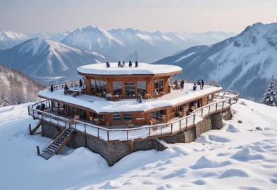 Scenic mountain lodge surrounded by winter snow