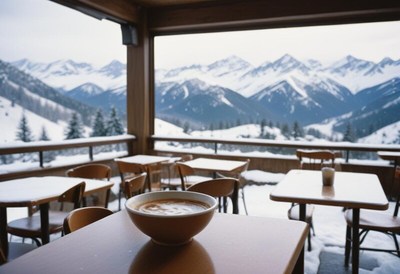 Warm soup on a table with snowy mountain view outdoors