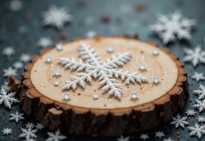Beautiful snowflake decoration on a wooden slice