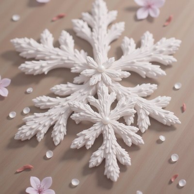 Decorative white snowflakes arranged on a wooden surface