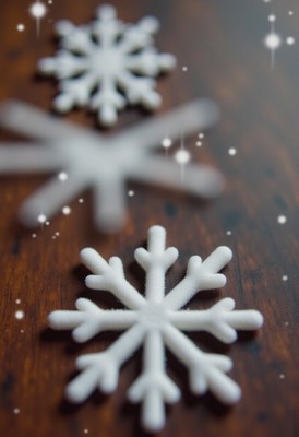 Beautiful white snowflakes on a wooden table
