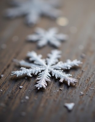 Snowflakes resting on wooden surface in winter ambiance