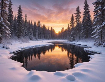 Winter sunset over a tranquil river surrounded by snow
