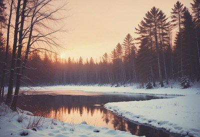 Serene winter sunset over a quiet river in the forest