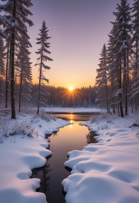 Sunrise over a snowy river landscape in winter