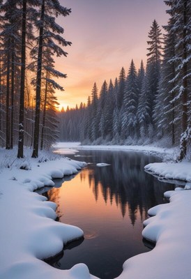 Snowy riverbank at sunset in a peaceful forest scene