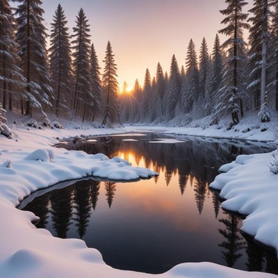 Beautiful winter sunset over snowy river landscape