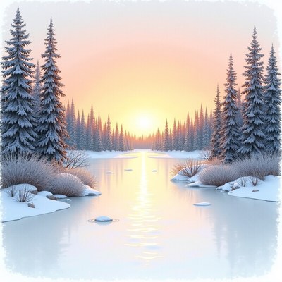 Winter sunrise over a serene river surrounded by trees