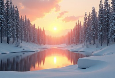 Winter sunset over a tranquil river surrounded by tall trees