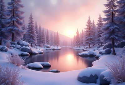 Winter sunset over a serene snowy landscape