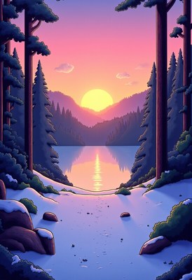 Sunset over tranquil lake surrounded by tall trees