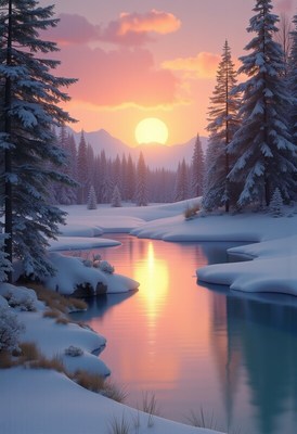 Snowy winter sunset over a peaceful river in the mountains