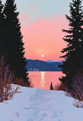 Winter sunset view over a serene lake landscape